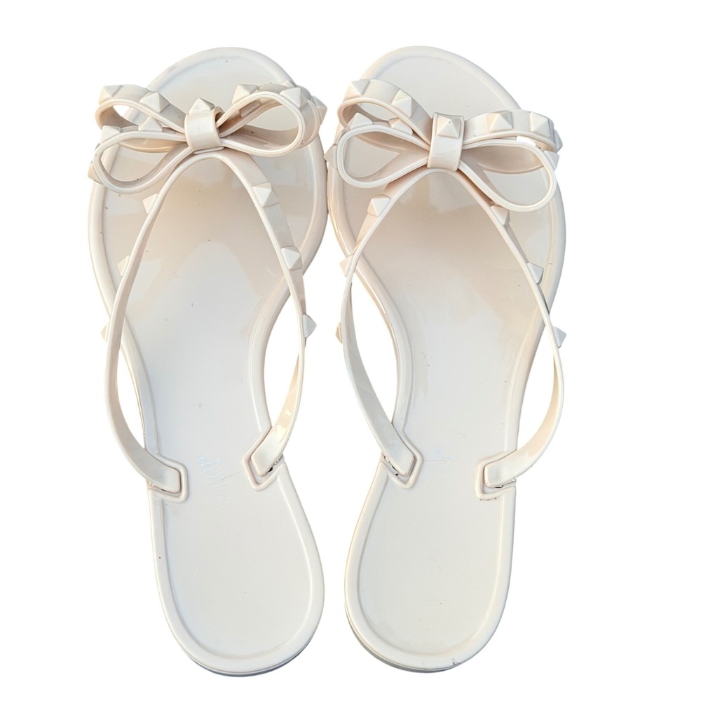 Jelly Sandals Womens 37 Nude Beige Studded Bow Flip Flop Thong Rockstud Style